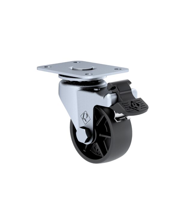 Rodaja Estándar 2ʺ, placa giratoria, freno, rueda de polipropileno.: carga: 50 KG