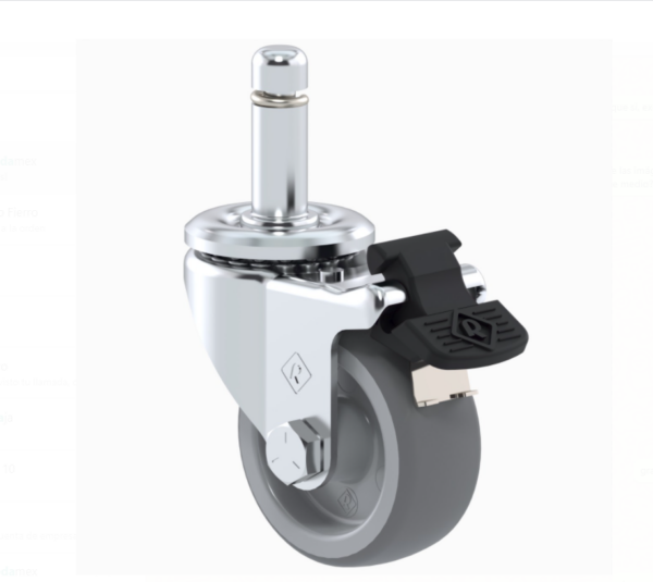 Rodaja plana estándar termoplastica 2" con espiga lisa, freno inoxidable y tornillo: carga: 35 Kg