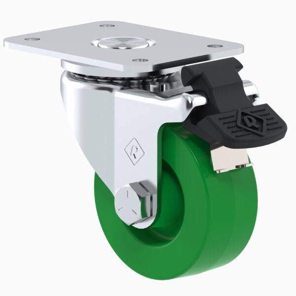 Rodaja plana estandar 2" polipropileno, placa galvanizada y freno inoxidable verde: carga: 50 Kg