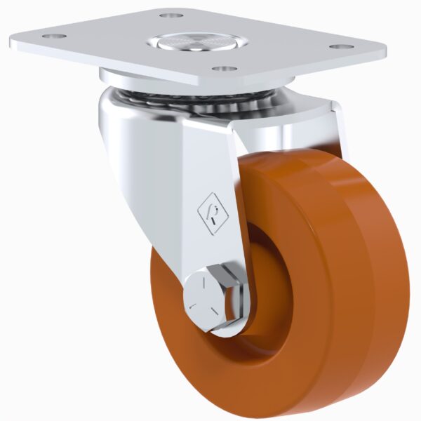 Rodaja plana estandar 2" polipropileno, placa galvanizada naranja: carga: 50 Kg