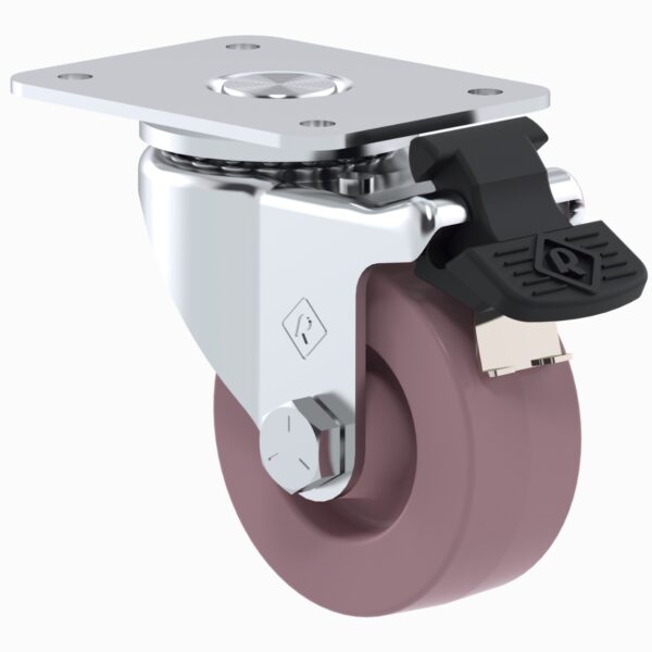 Rodaja plana estándar 2" polipropileno con placa galvanizada y freno inoxidable rosa: carga: 50 Kg